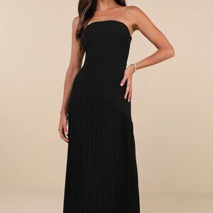 NWT Lulus Celebratory Aesthetic Black Pleated Strapless Maxi Dress sz Small